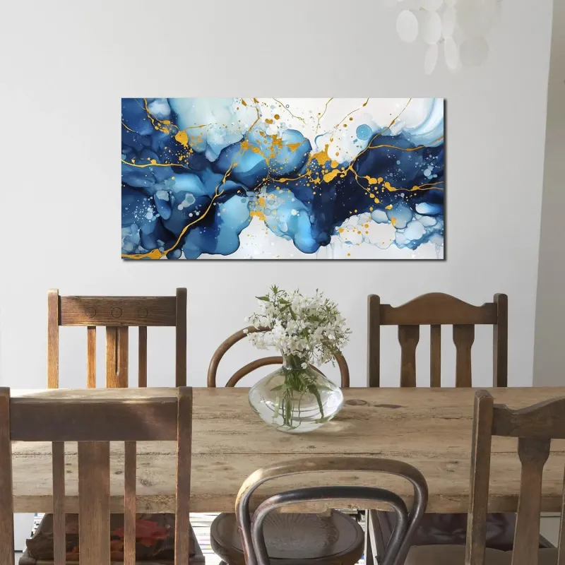 Blue Abstract Gold Ink Wall Art
