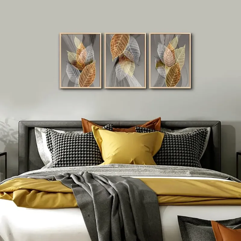 Golden Leaf Triptych Wall Art