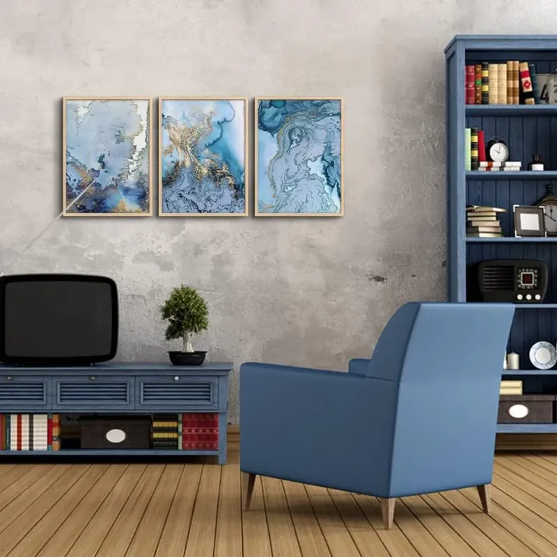 Blue Gold Abstract Wall Art Set